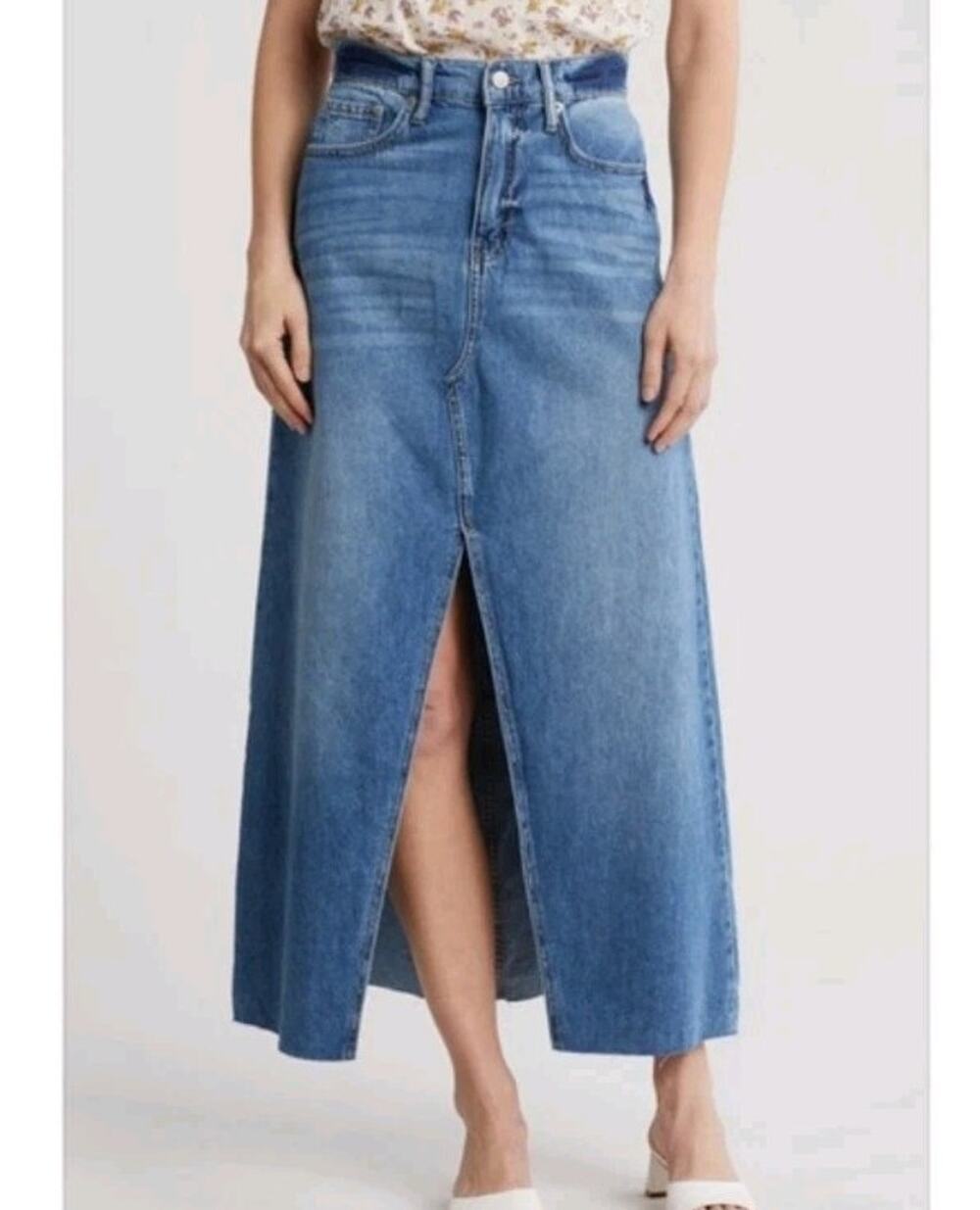 Lucky Brand Denim Maxi Skirt Size 14/32 Long Raw Hem Cotton Boho Western Country